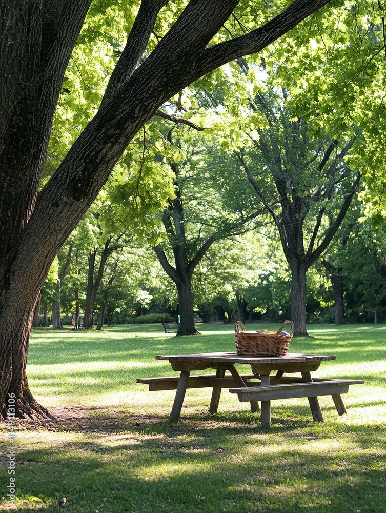 Sunny picnic table surrounded by trees in a vibrant park setting nature scene peaceful atmosphere Sunny picnic table surrounded by trees in a vibrant park setting nature scene peaceful atmosphere