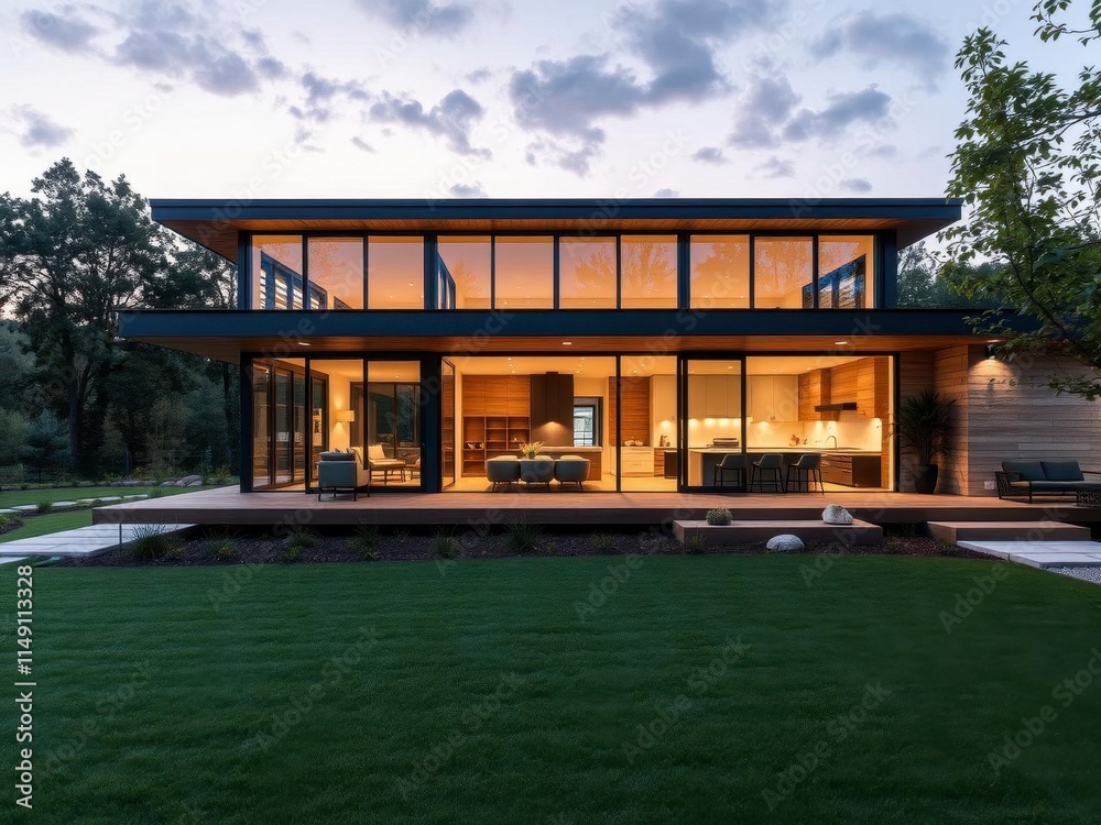 Modern interior design with large glass windows showcasing the beautiful outdoor landscape, modern, indoor-outdoor living Modern interior design with large glass windows showcasing the beautiful outdoor landscape, modern, indoor-outdoor living