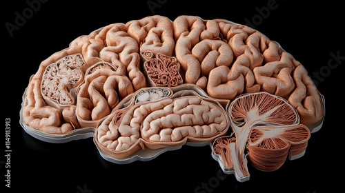 An artistic paper-cut design of the human brain, focusing on different regions such as the hippocampus, amygdala, and occipital lobe, creating a layered, textured look for educational purposes.