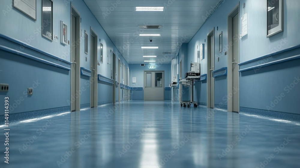 Blurred clinic corridor in blue, symbolizing a futuristic medical space or laboratory, with a sleek design and clean, professional atmosphere perfect for health technology themes. Blurred clinic corridor in blue, symbolizing a futuristic medical space or laboratory, with a sleek design and clean, professional atmosphere perfect for health technology themes.