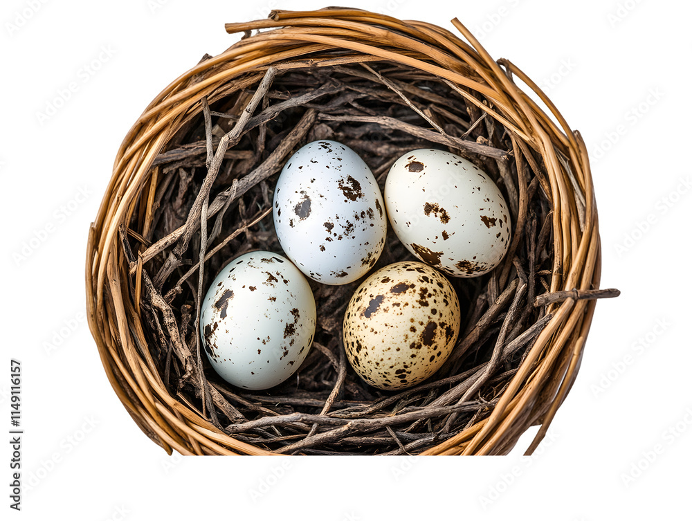 Obraz premium Four Bird Eggs in a Woven Nest Isolated On A White Background, PNG Transparent