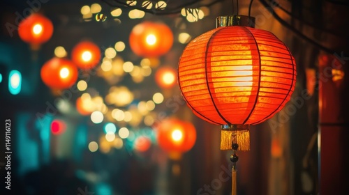 Vibrant Red Lanterns Illuminating a Night Market Scene with Bokeh Background and Soft Glowing Lights Creating a Festive Atmosphere