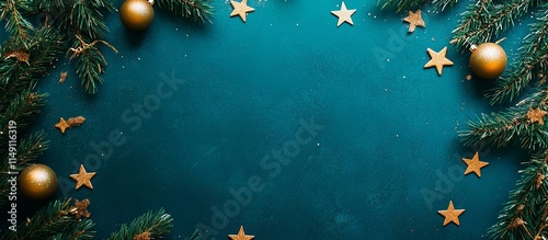A Christmas frame consisting of fir branches golden stars and balls on a blue background The image is flat and viewed from the top resembling a mockup for a Christmas banner. photo
