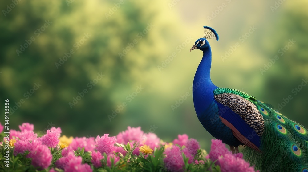 Vibrant Peacock Displaying Colorful Tail Feathers in Sunlit Garden with Pink and Yellow Blossoms Against Lush Greenery Background Vibrant Peacock Displaying Colorful Tail Feathers in Sunlit Garden with Pink and Yellow Blossoms Against Lush Greenery Background