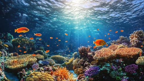 Vibrant Underwater Coral Reef Scene with Colorful Tropical Fish photo