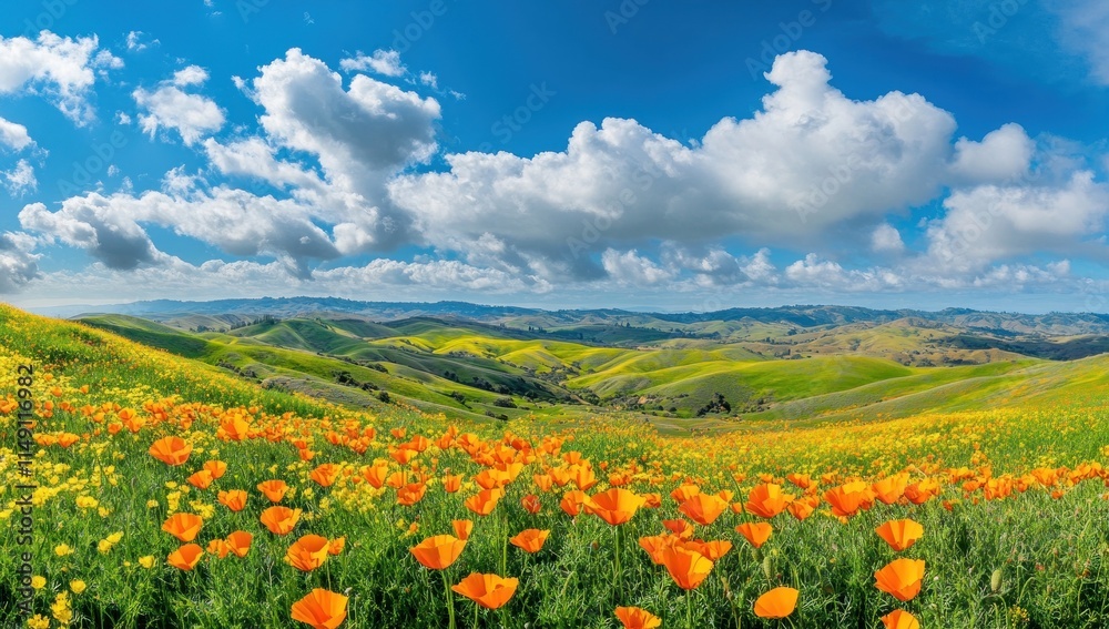 California Poppy Super Bloom in Rolling Hills Under a Sunny Sky California Poppy Super Bloom in Rolling Hills Under a Sunny Sky