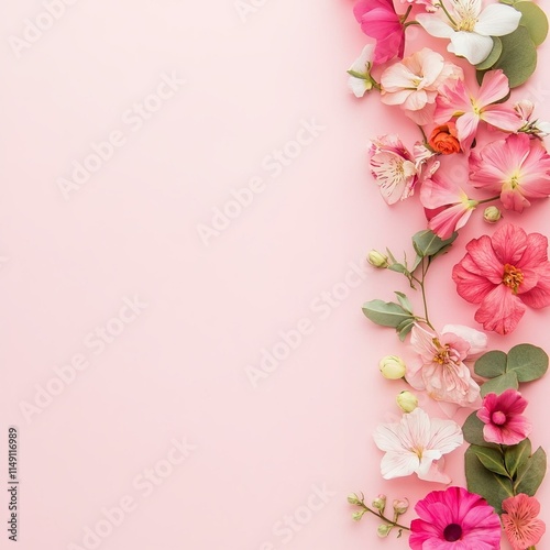 Banner with flowers on light pink background. Greeting card template for Wedding mothers or womans day. Springtime composition with copy space.