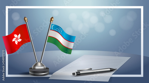 Hong Kong and Uzbekistan National flags on small table with bokeh background, cooperative relationship