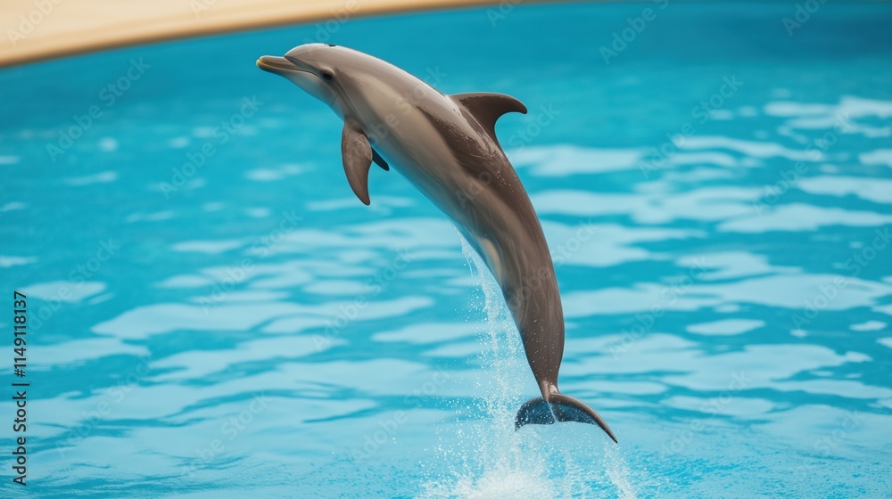 Naklejka premium Dolphin Jumping Gracefully Out of Bright Blue Pool Water Creating a Splash Captured in Action Shot Displaying Marine Life Elegance Ideal for Nature and Wildlife Stock Photography Inspiration