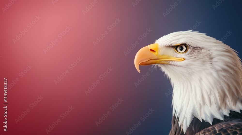 Obraz premium Majestic Bald Eagle Portrait Against Blurred Red And Blue Background Capturing The Essence Of Freedom And Patriotism During Independence Day Celebrations In A Strikingly Vivid Composition
