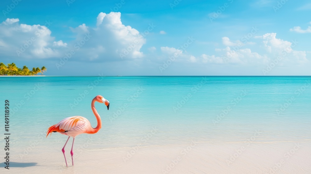 Fototapeta premium Flamingo Standing Gracefully on One Leg in Shallow Turquoise Water Under Clear Sky with Distant Palm Trees on a Sunny Day
