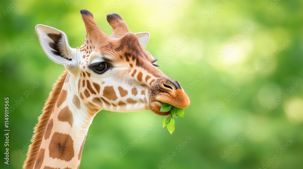 Giraffe Reaching Up to Eat Leaves from Tall Tree in Lush Greenery Against Soft Focus Background Giraffe Reaching Up to Eat Leaves from Tall Tree in Lush Greenery Against Soft Focus Background