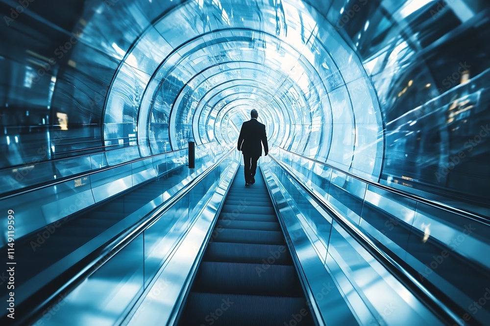 Fototapeta premium Businessman walking on a futuristic escalator tunnel. Concept of progress, innovation, and future.