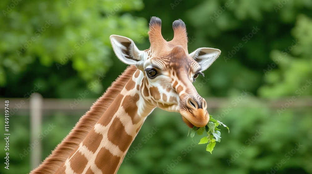Obraz premium Giraffe Extending Neck to Eat Leaves from Tall Tree in Lush Green Forest Setting, Wildlife Close-Up with Focus on Natural Patterns and Enchanting Summer Environment for Nature Enthusiasts