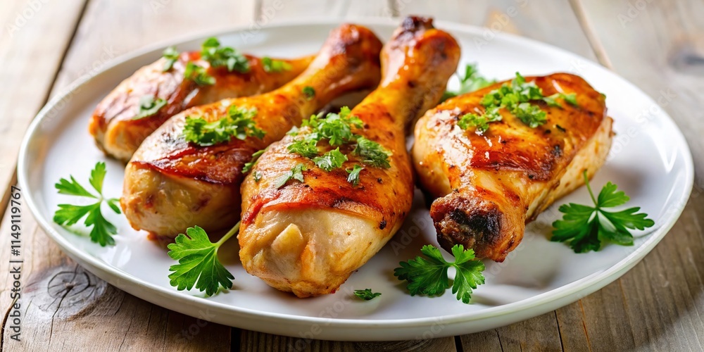 Juicy Grilled Chicken Drumsticks with Parsley Garnish on White Plate - High-Resolution Stock Photo Juicy Grilled Chicken Drumsticks with Parsley Garnish on White Plate - High-Resolution Stock Photo