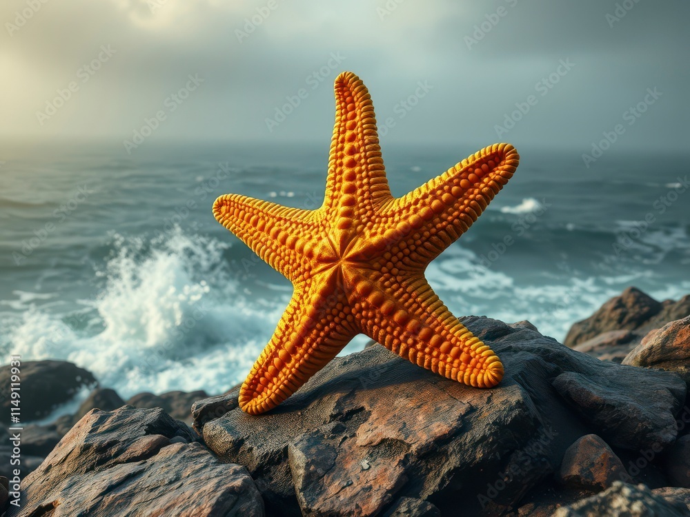 A golden starfish perched on a rocky shoreline in a dramatic seascape, golden starfish, beach photography, natural setting, coastal landscape, rugged terrain A golden starfish perched on a rocky shoreline in a dramatic seascape, golden starfish, beach photography, natural setting, coastal landscape, rugged terrain