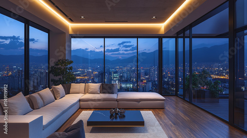 Luxurious living room with panoramic window overlooking night cityscape, modern interior with stylish sofa and contemporary house or home, urban apartment with elegant furniture and downtown view