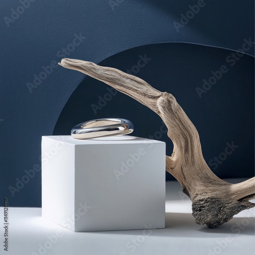 Minimalist silver ring on geometric display with driftwood and blue backdrop photo