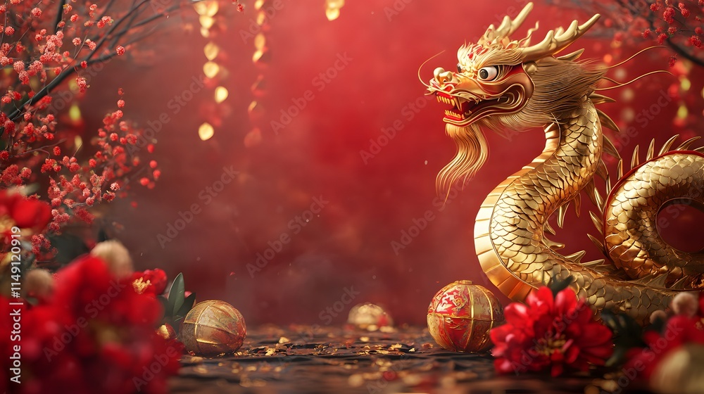 Obraz premium Golden Dragon Amidst Red Blossoms and Festive Decorations