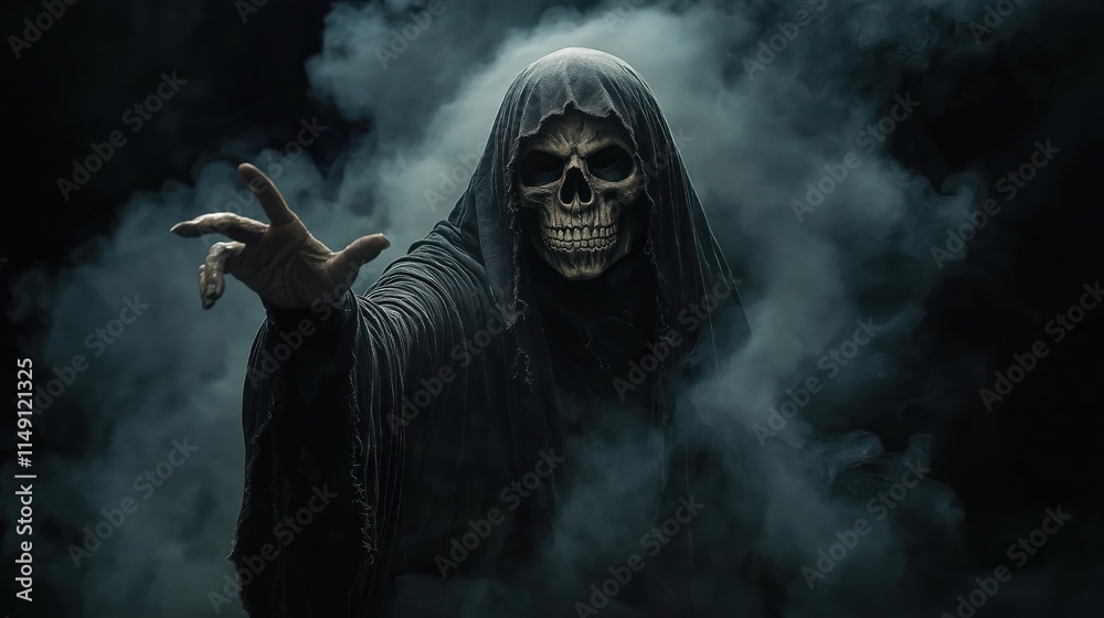 Grim reaper figure emerges from dark smoke. Mysterious figure with skull mask, dark cloak stretches out hand. Ominous presence. Eerie scene with dramatic lighting. Horror photo perfect for Halloween Grim reaper figure emerges from dark smoke. Mysterious figure with skull mask, dark cloak stretches out hand. Ominous presence. Eerie scene with dramatic lighting. Horror photo perfect for Halloween