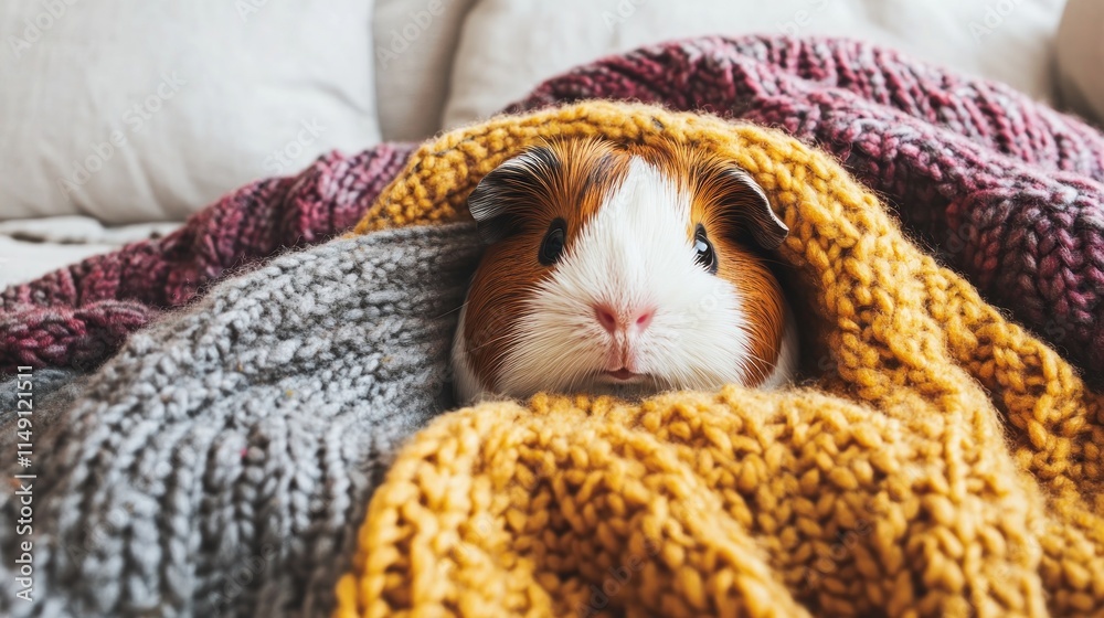 A guinea pig peeks out from under a cozy knitted blanket. A guinea pig peeks out from under a cozy knitted blanket.
