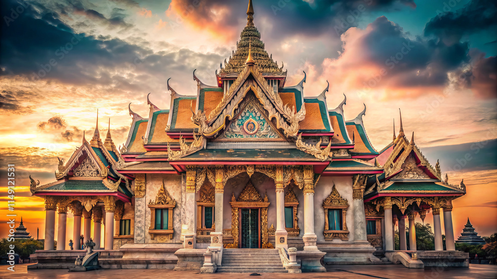 Fototapeta premium stunning vintage temple showcasing distinctive architecture at sunset, with intricate details and vibrant colors. serene atmosphere enhances its beauty and cultural significance