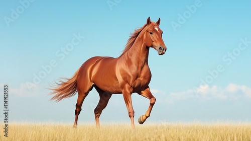 Majestic Chestnut Horse Galloping Gracefully Across a Sunlit Open Plain with Flowing Mane Against Blue Sky Horizon