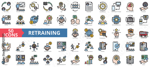 Retraining icon collection set. Containing process, learning, skill, training, soft skill, motivation, internship icon. Simple flat outline vector illustration