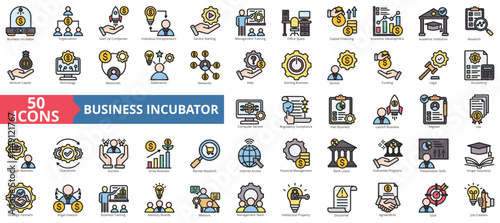 Business incubator icon collection set. Containing company, entrepreneur, service, management, training, economic, development icon. Simple flat outline vector illustration