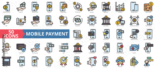 Mobile payment icon collection set. Containing money, transfer, authentication, process, services, regulation, financial icon. Simple flat outline vector illustration