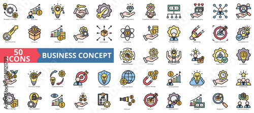 Business concept icon collection set. Containing products, revenue, services, distribution, core value, cost, management icon. Simple flat outline vector illustration