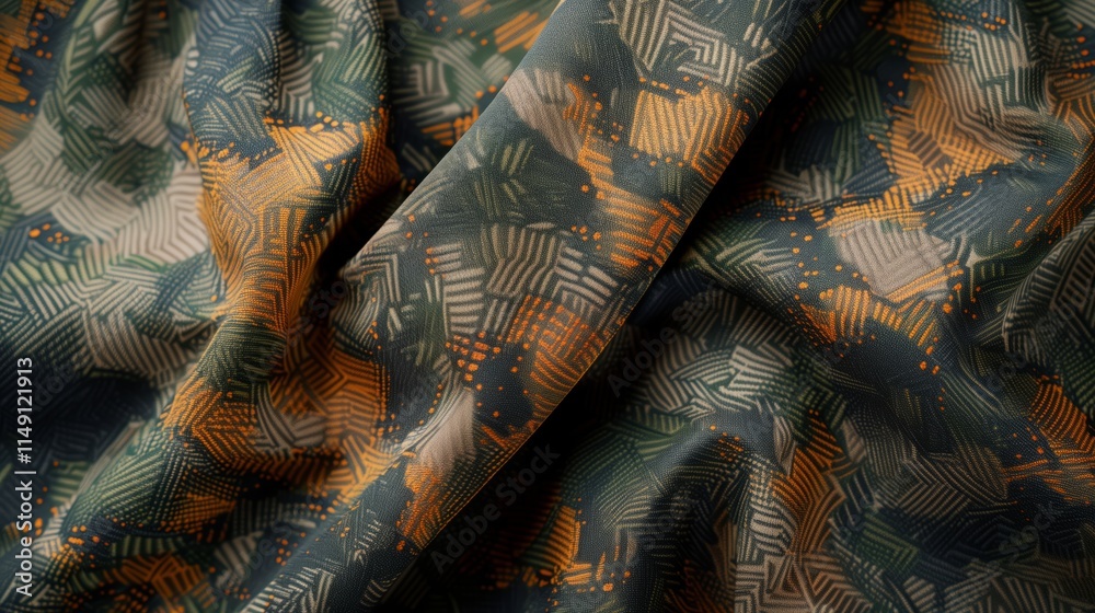 Obraz premium of camouflage fabric with geometric shapes in green, orange, and beige tones, creating a textured and military-inspired pattern.