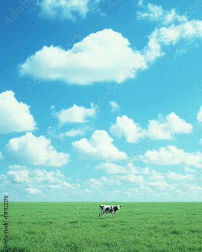A serene landscape featuring a cow in a vast green field under a bright blue sky.