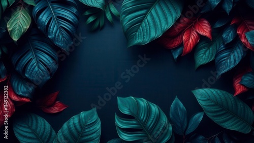 Dark pattern of exotic leaves overlapping each other, creating a mysterious and elegant design, tropical, textured, plant