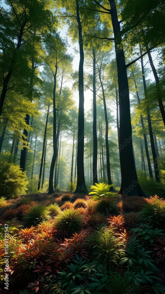 Obraz premium Dense foliage in forest with tall trees and underbrush, ferns, overgrown vegetation