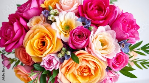 Fototapeta Naklejka Na Ścianę i Meble -  Fresh bunch of pink peonies and roses arranged beautifully with space for text, peonies, bloom