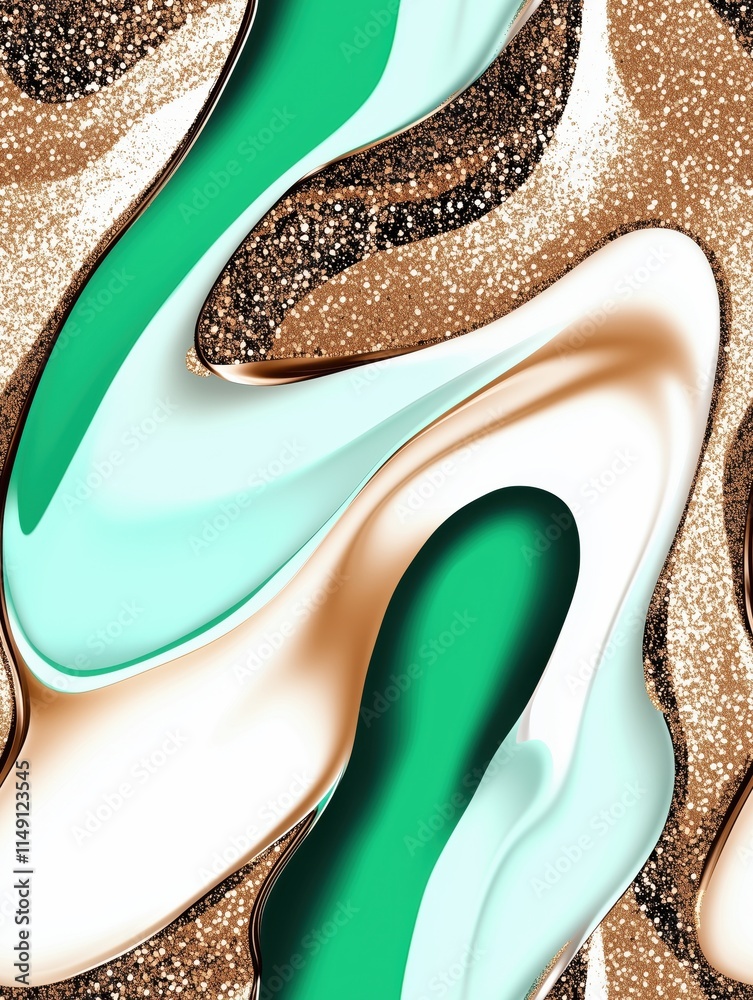 Fototapeta premium Mint green and gold abstract fluid art with glittering textures