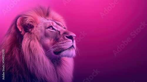 Majestic Lion Portrait With Vibrant Neon Lighting Depicts Blending Nature and Modern Art in Bold Purple and Pink Tones, Ideal for Contemporary Decor and Wildlife Enthusiasts photo