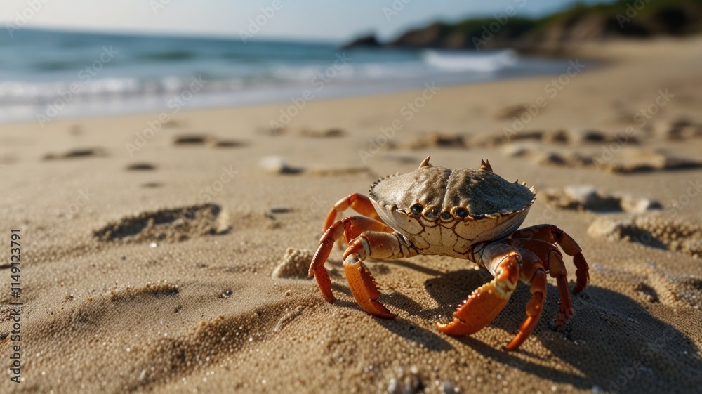 Crab on sandy beach near ocean waves. Crab on sandy beach near ocean waves.
