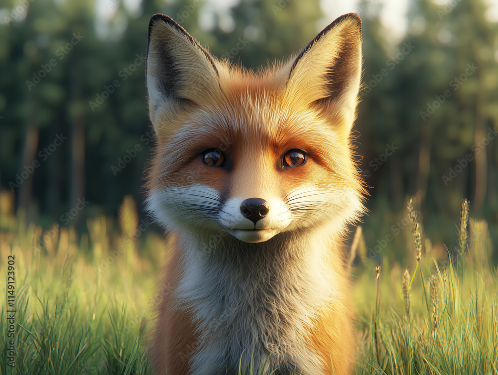 Fototapeta premium close-up of a fox in a lush green meadow,friendly gaze.