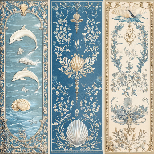 Elegant Greek-Inspired Pattern with Ocean Motifs: Four Symmetrical Designs Featuring Waves, Seashells, and Dolphins