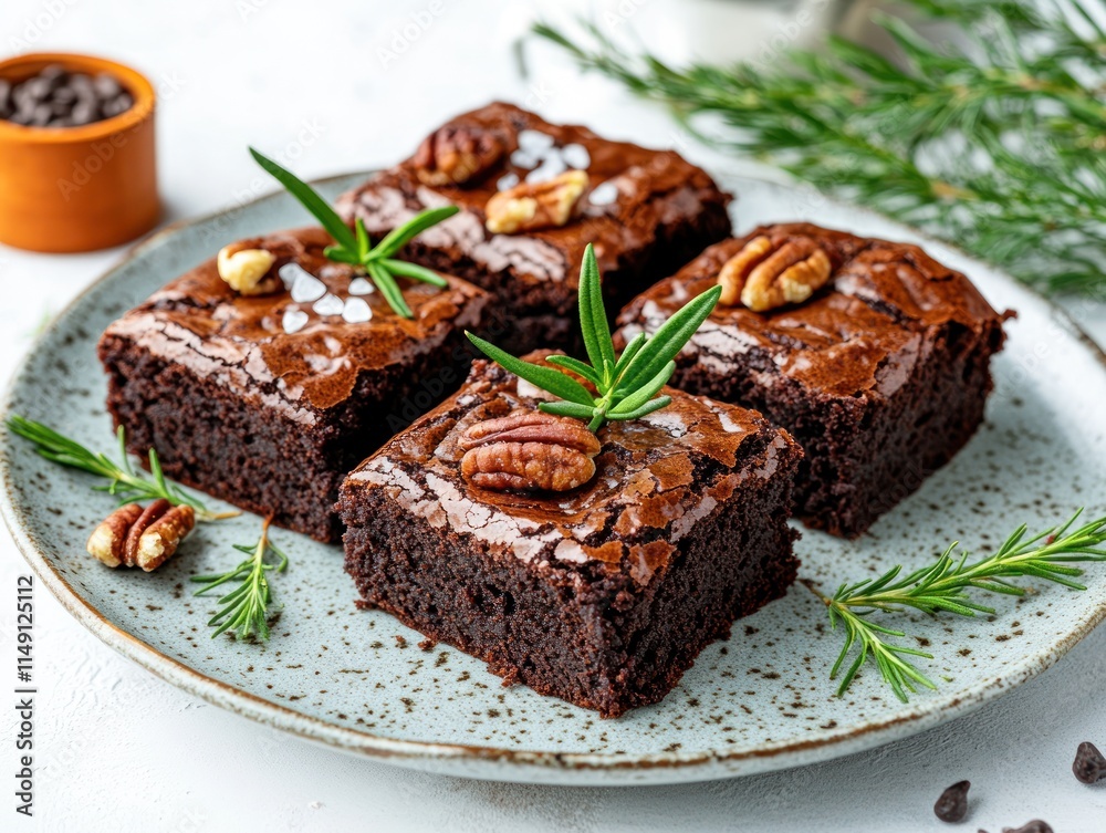 A plate of delicious chocolate brownies topped with nuts and herbs. A plate of delicious chocolate brownies topped with nuts and herbs.