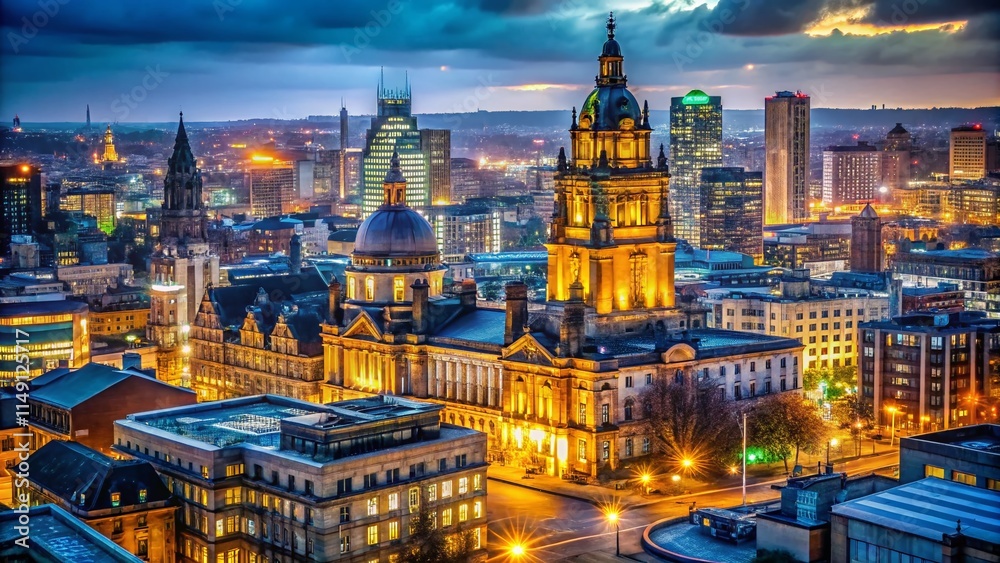 Obraz premium Leeds Cityscape Night Photography: Illuminated Buildings & City Lights