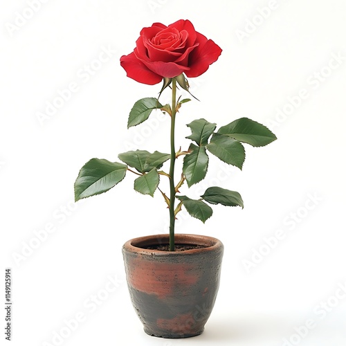 red rose plant in a small ceramic pot isolated on white background photo