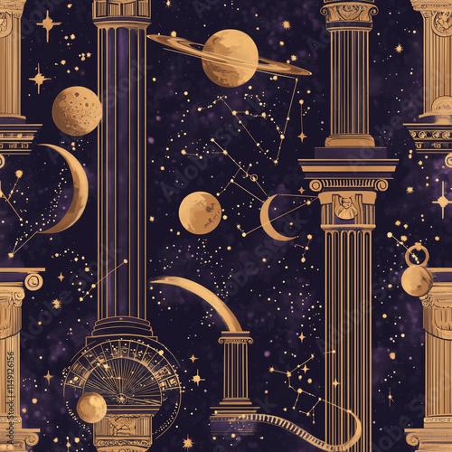 Celestial Greek-Inspired Pattern: Small-Scale Design with Astronomy Motifs and Ancient Greek Elements in Purple and Gold