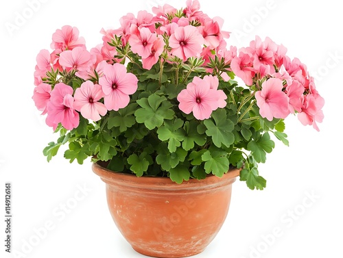 pink geranium plant in a terracotta pot isolated on white background