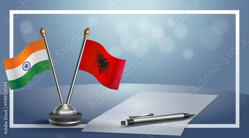 India and Albania National flags on small table with bokeh background, cooperative relationship