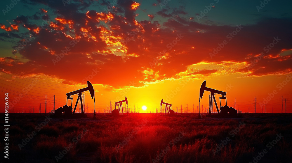 Naklejka premium At sunrise, the oil drilling rig on the grassland is working