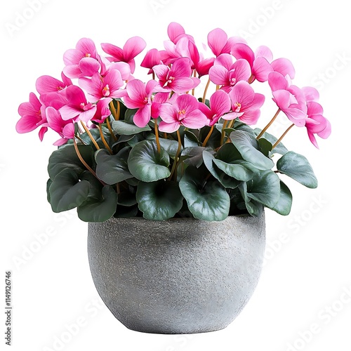 pink cyclamen plant in a stone pot isolated on white background photo