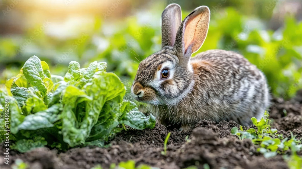 A rabbit foraging among fresh greens in a garden setting. A rabbit foraging among fresh greens in a garden setting.